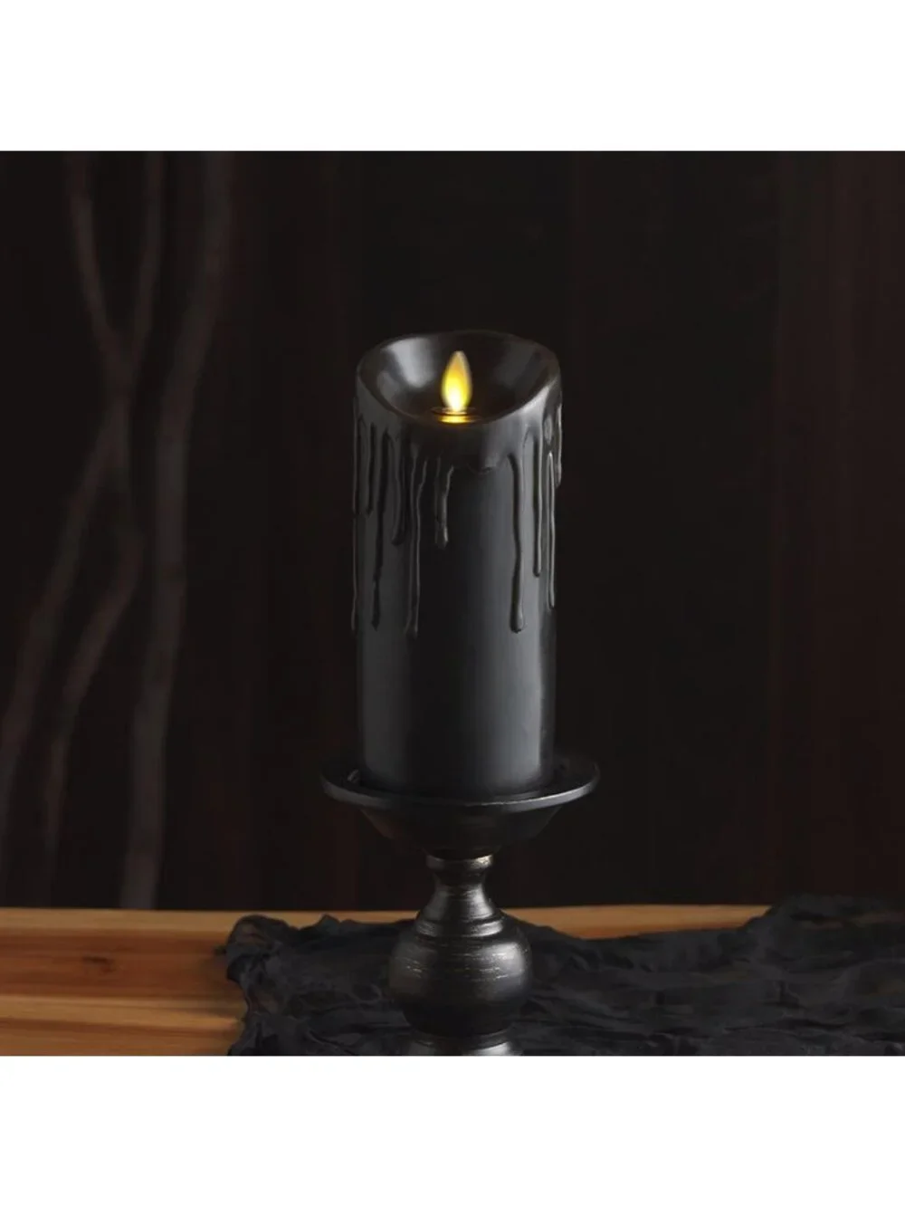 Black Wax Drip Flameless LED Candle - Battery Operated, Moving Flame, Timer